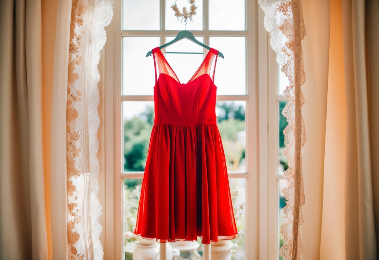 A vibrant red dress hanging in a sunlit room, surrounded by delicate lace and silk fabric