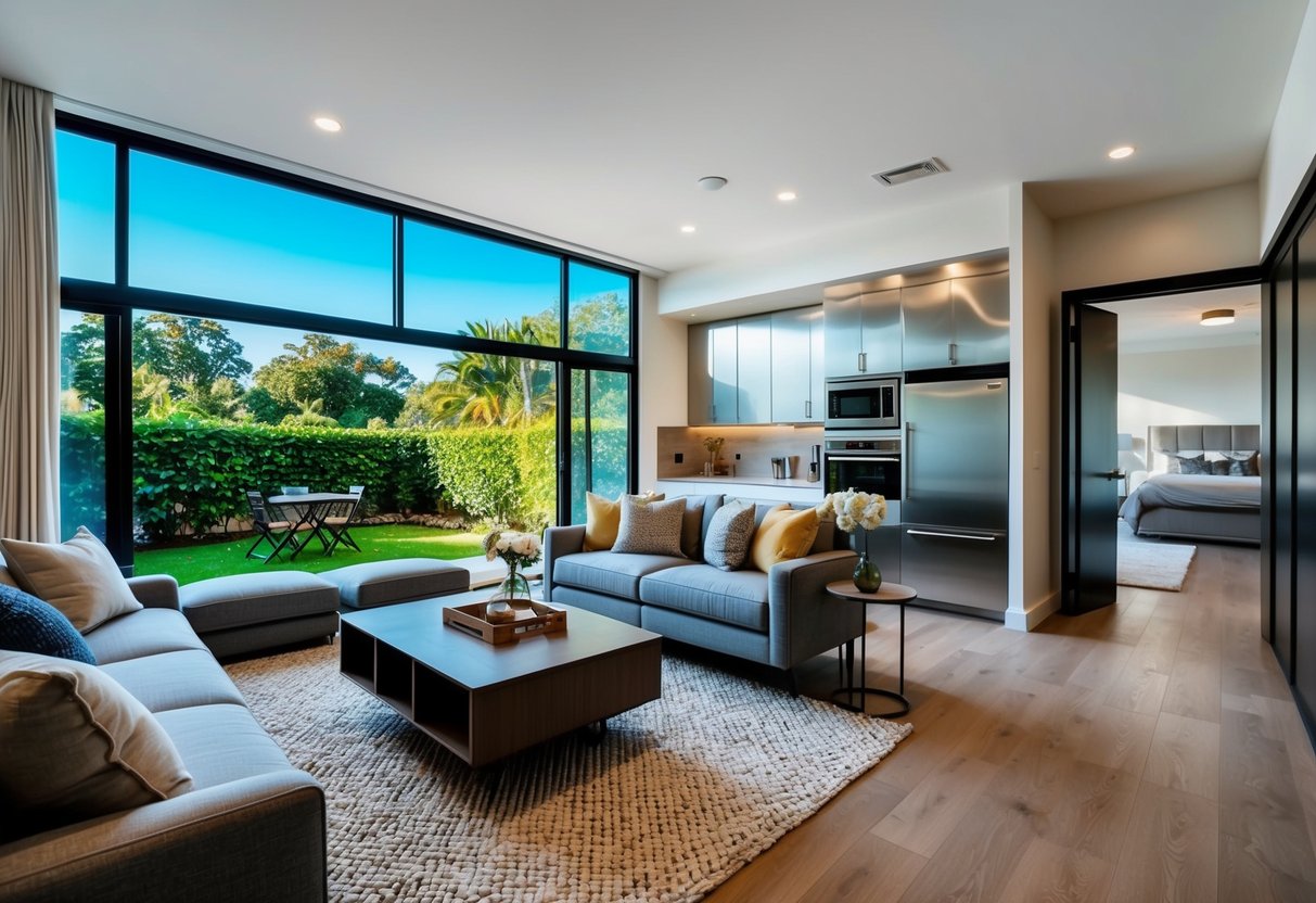 A cozy living room with a large window overlooking a lush garden, a modern kitchen with stainless steel appliances, and a spacious bedroom with a walk-in closet