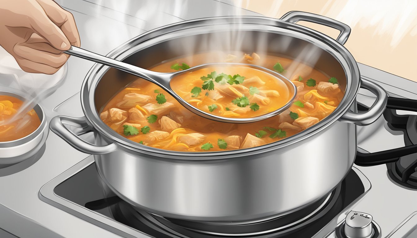 A pot of chicken enchilada soup being heated on a stovetop, steam rising from the surface as a ladle stirs the contents