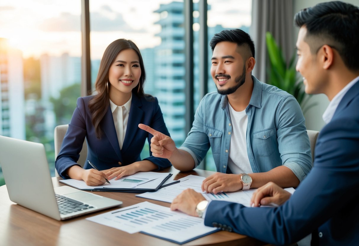 A young couple sits at a table, surrounded by paperwork and a laptop. A real estate agent gestures towards a list of financing options for Cebu properties