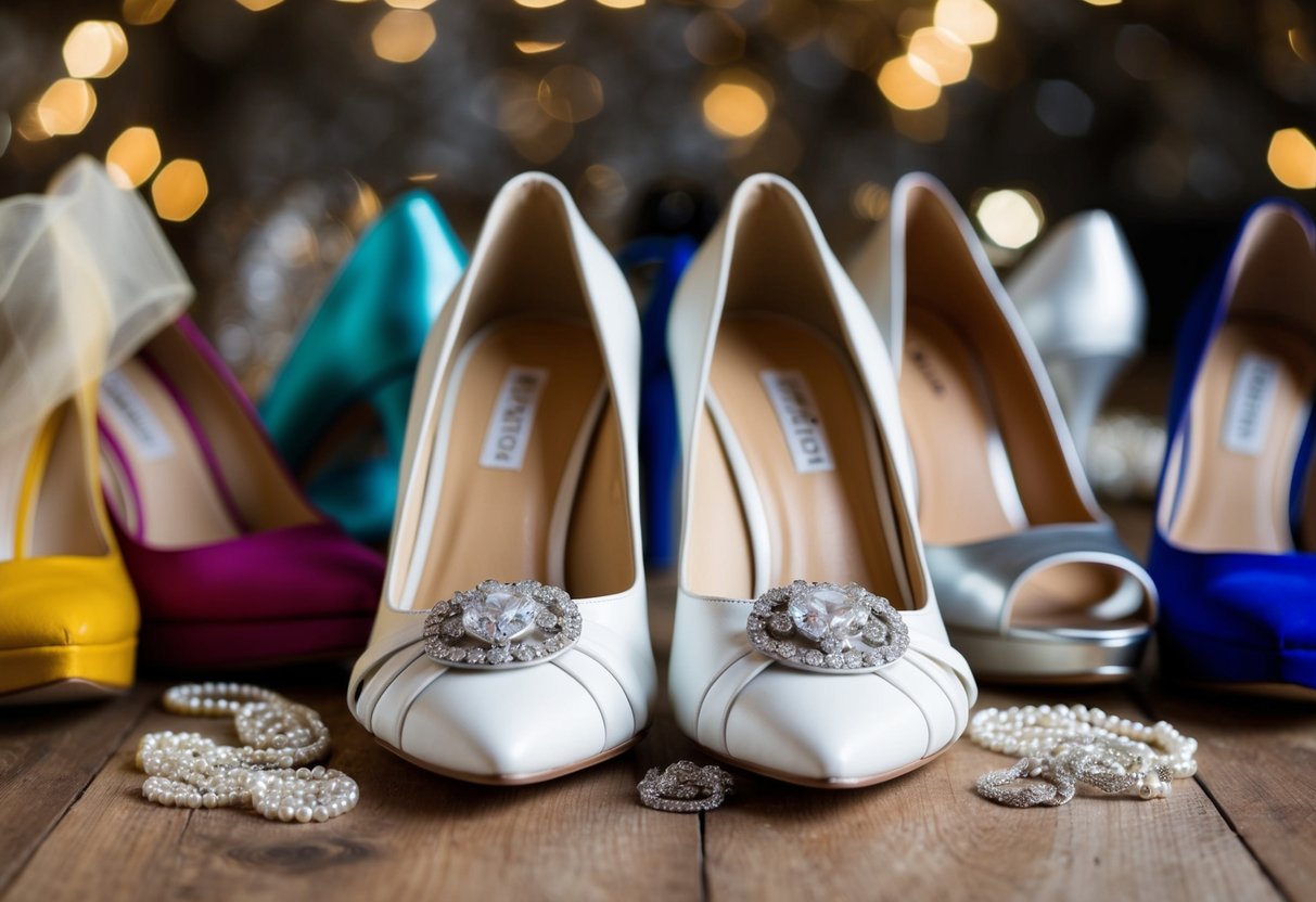 A pair of elegant white wedding shoes surrounded by a selection of colored shoes in various styles and heel heights