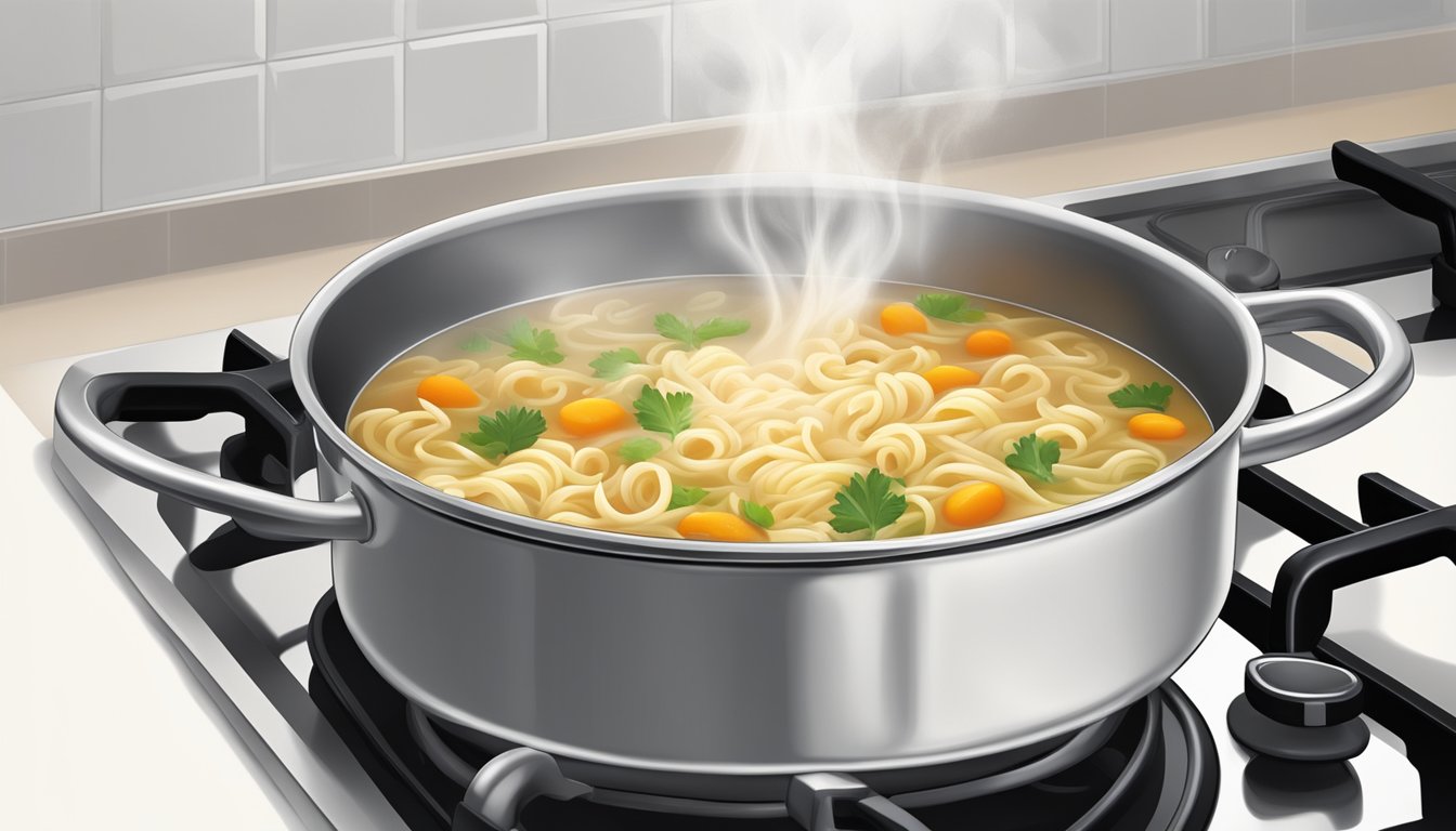 A pot of chicken noodle soup being gently reheated on a stovetop, steam rising from the surface as the liquid simmers and the noodles soften