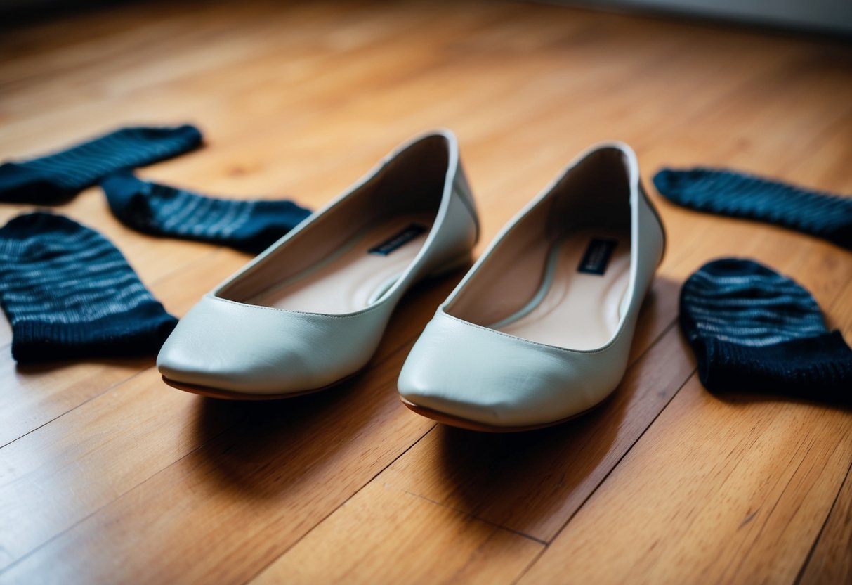 A pair of empty flats on a hardwood floor, with a few visible foot imprints inside, surrounded by scattered socks