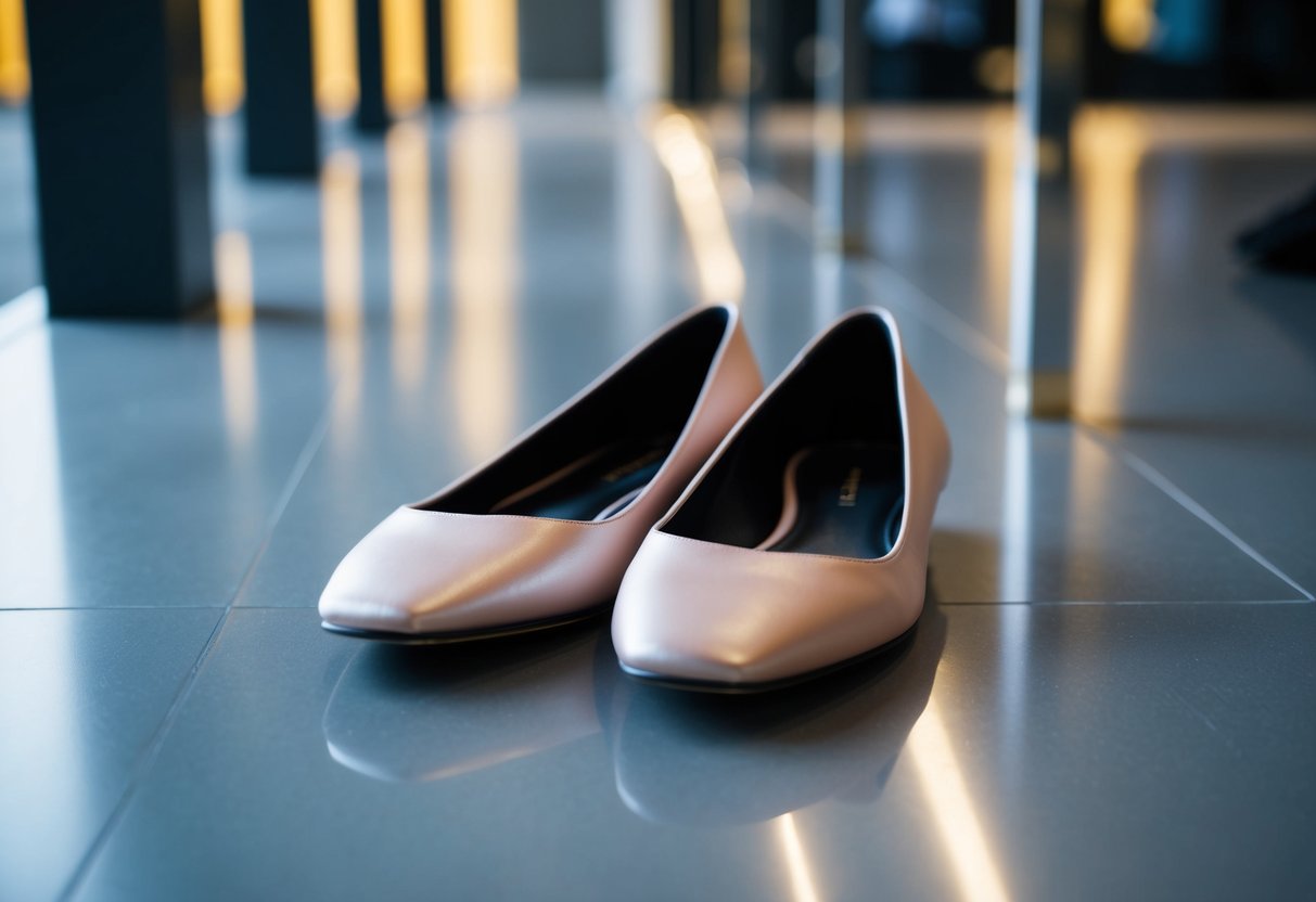 A pair of stylish flats sits on a sleek, modern floor. The shoes are empty, with no socks in sight, highlighting the ongoing debate of fashion versus function