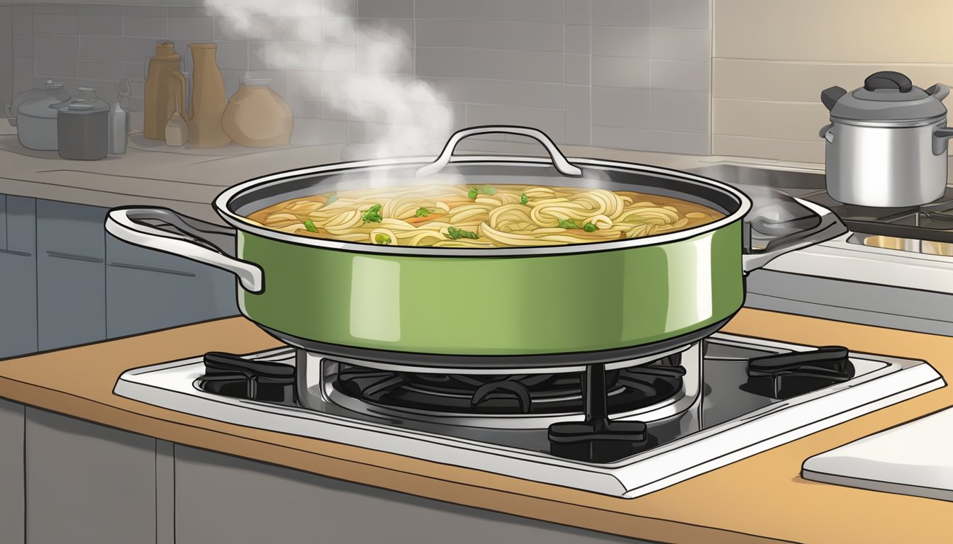 A pot of chicken noodle soup sits on a stovetop, steam rising as it simmers