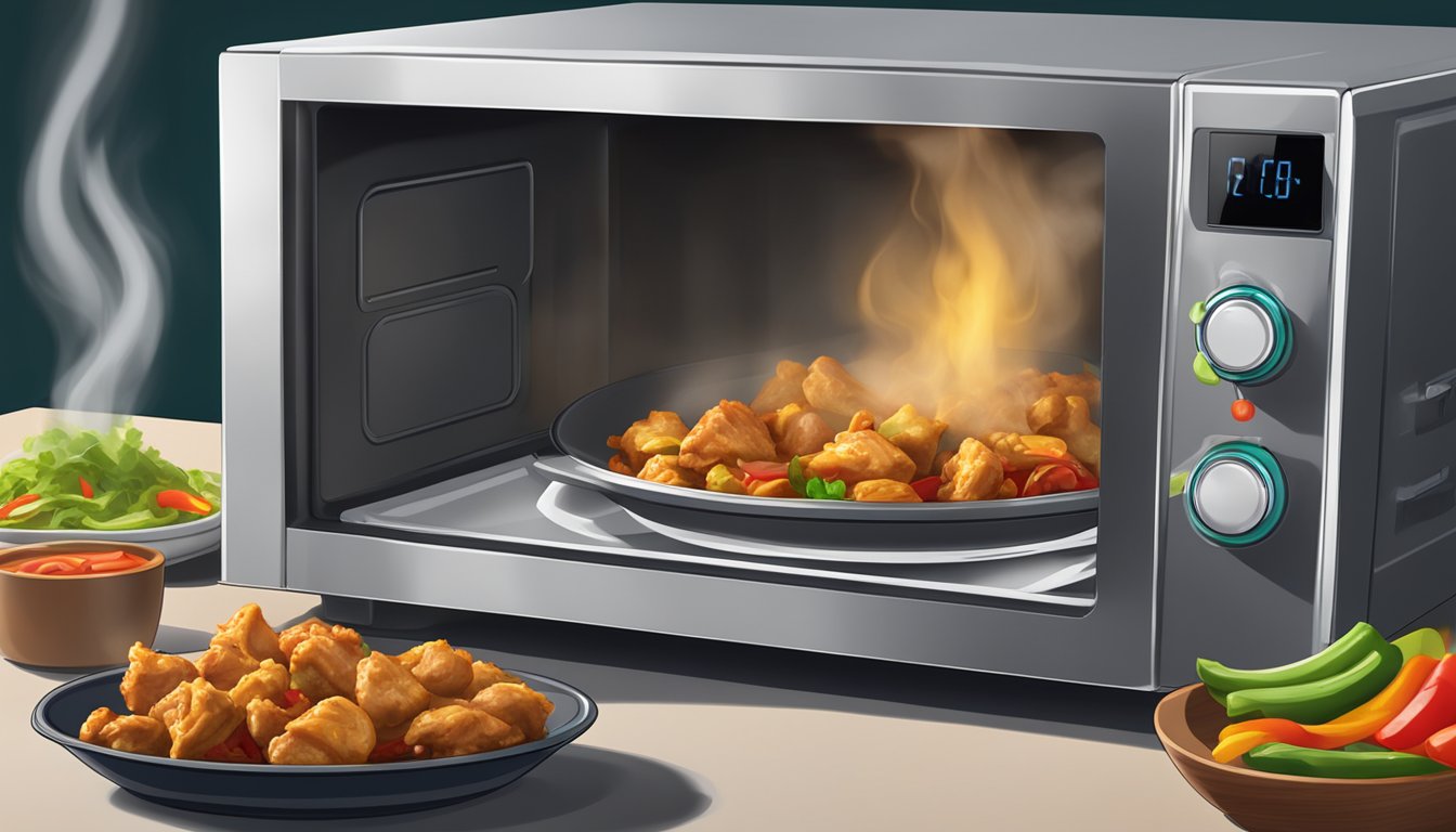 A plate of chicken fajita bites being reheated in a microwave or oven, with steam rising from the hot food