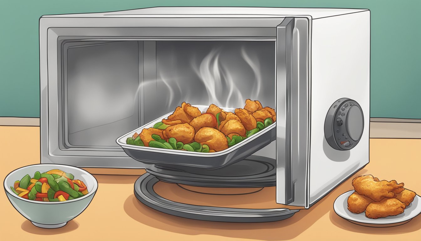 A plate of chicken fajita bites being reheated in the microwave, with steam rising from the hot food