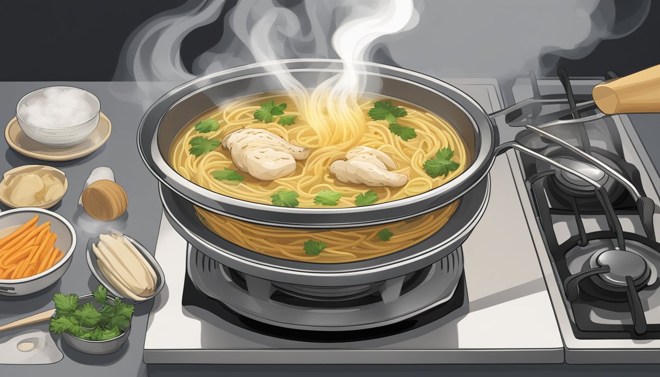 A steaming bowl of chicken noodle soup sits on a stovetop, surrounded by a pot, ladle, and steam rising into the air