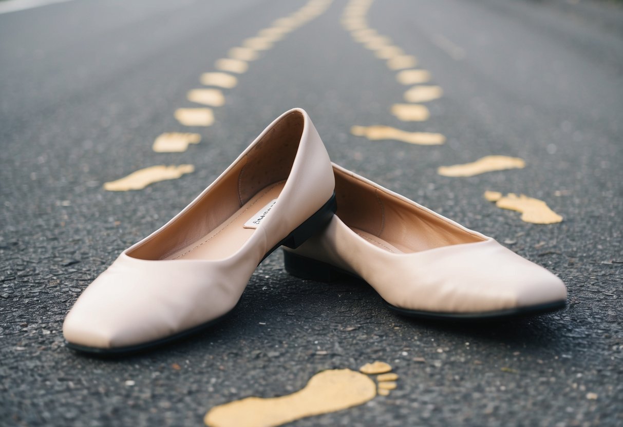 A pair of discarded flat shoes on the ground, surrounded by scattered footprints leading away from them