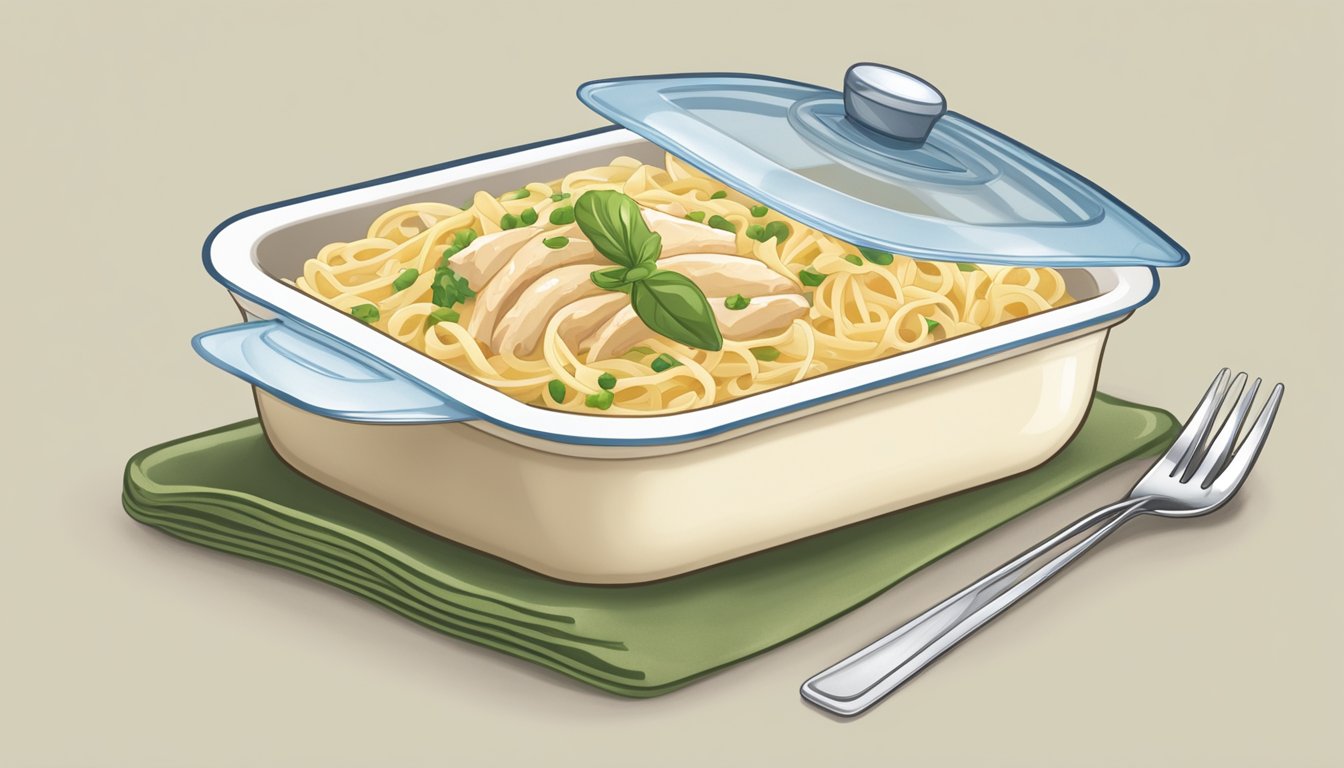 A microwave-safe dish with chicken fettuccine alfredo covered with a microwave-safe lid, a microwave, and a fork on the side