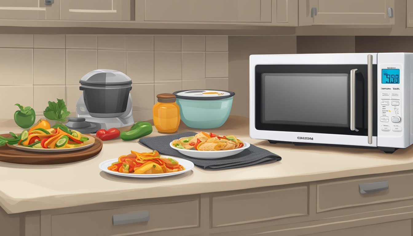 A kitchen counter with a microwave, a plate of chicken fajita mix, a food thermometer, and a timer