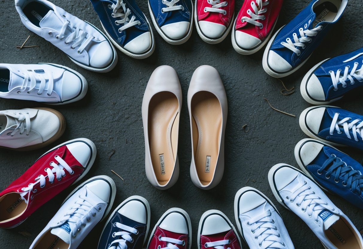 A pair of flat shoes lying on the ground, surrounded by various types of footwear such as sneakers, heels, and orthopedic shoes