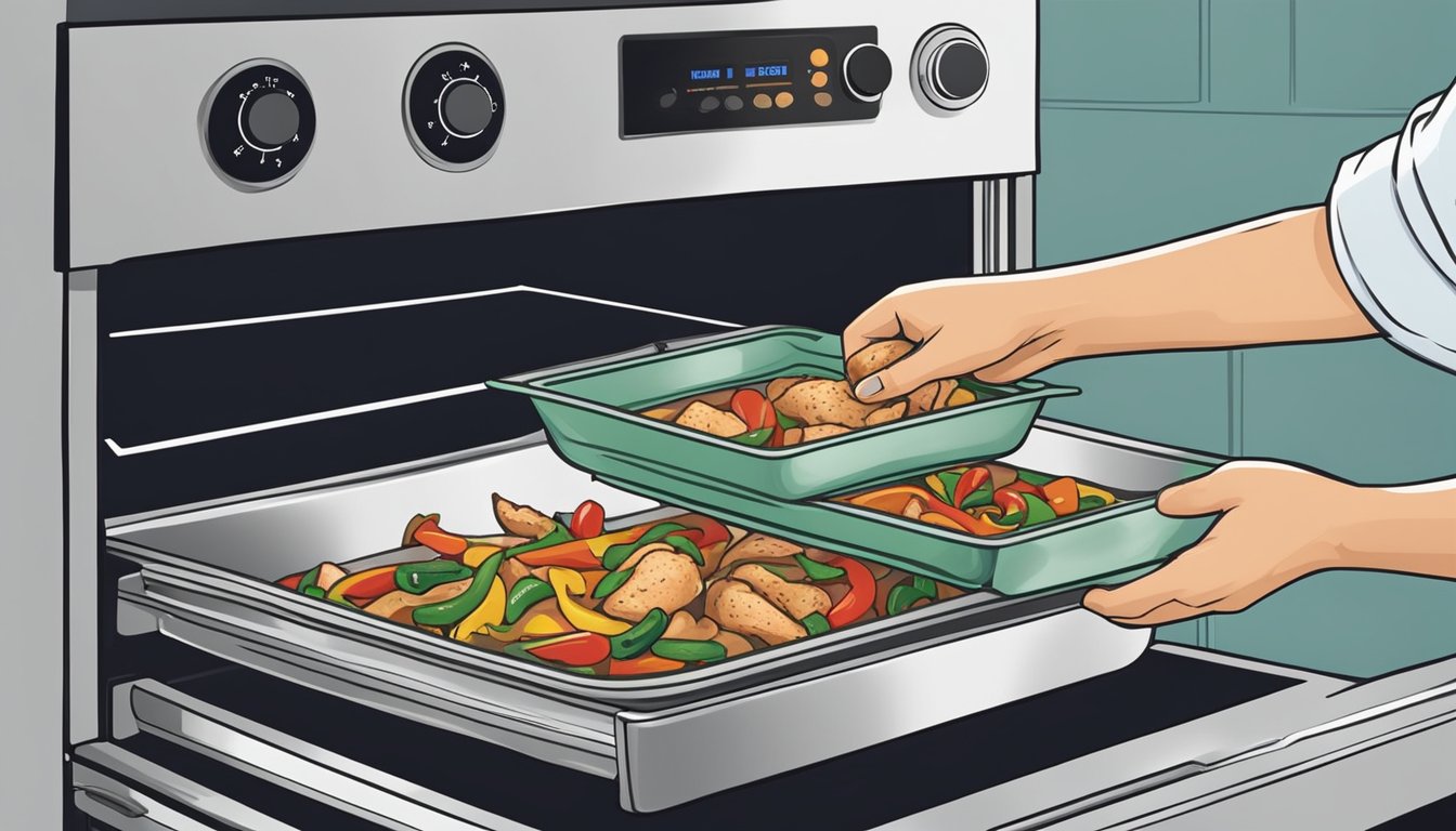 A hand placing a pan of chicken fajita mix into a preheated oven. The oven door is closed, and the mix is left to reheat