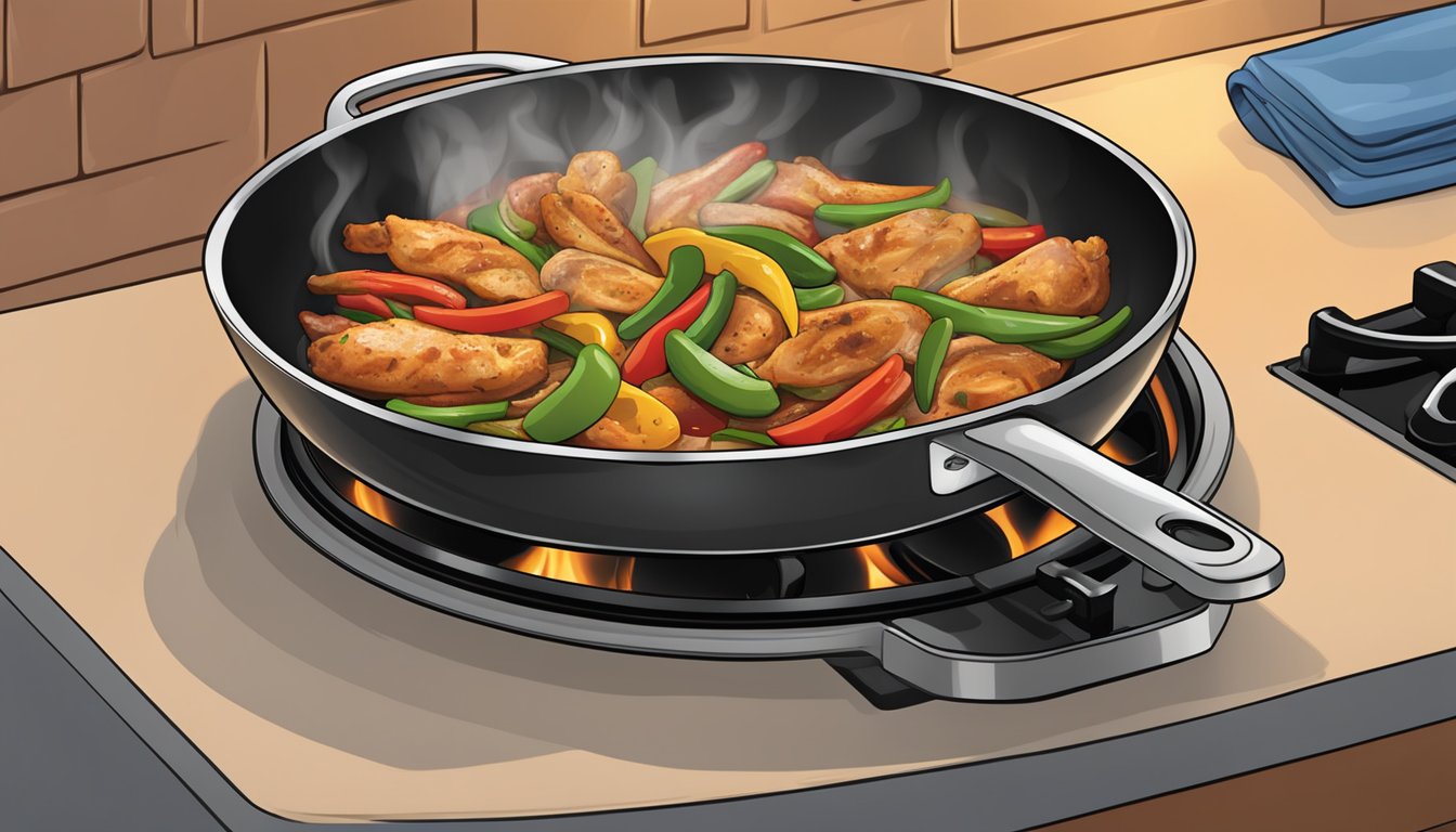 A skillet with sizzling chicken fajita mix being reheated on a stovetop