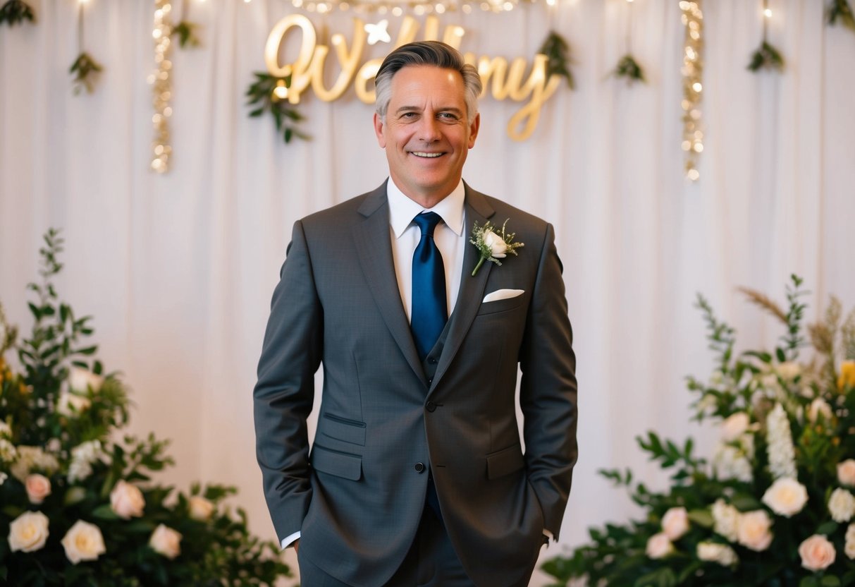 A 50-year-old man wearing a charcoal gray suit, white dress shirt, and a navy blue tie, standing in front of a festive wedding backdrop with flowers and decorations