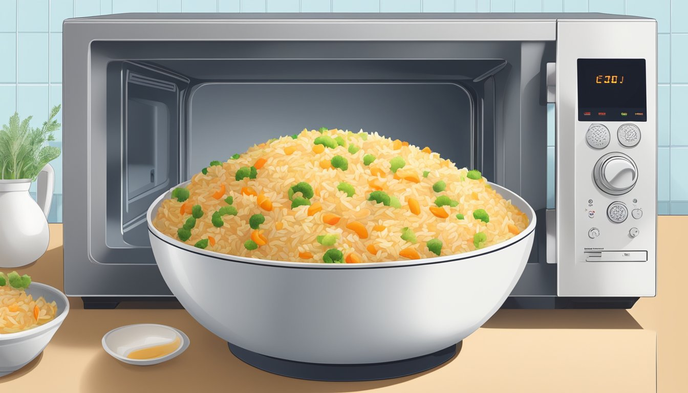 A bowl of chicken fried rice being reheated in a microwave