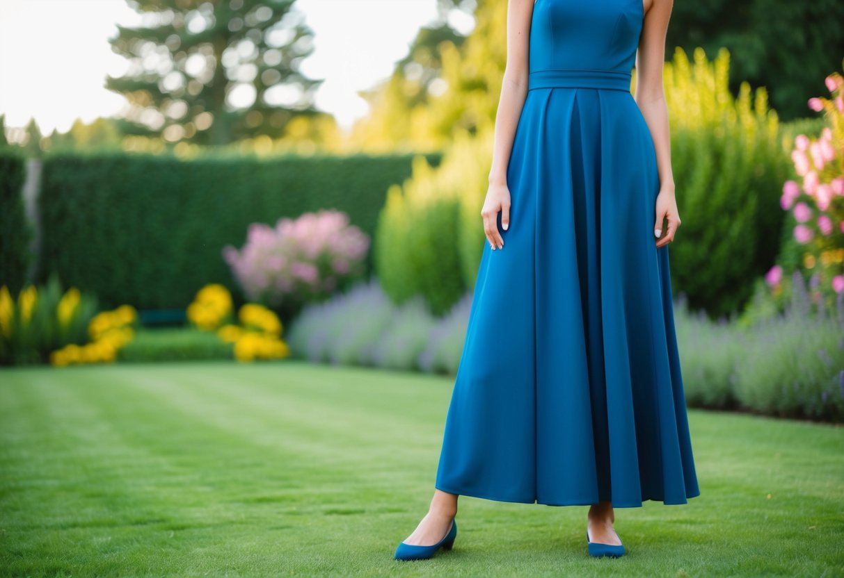 A floor length dress paired with flats, set against a backdrop of a garden or outdoor setting