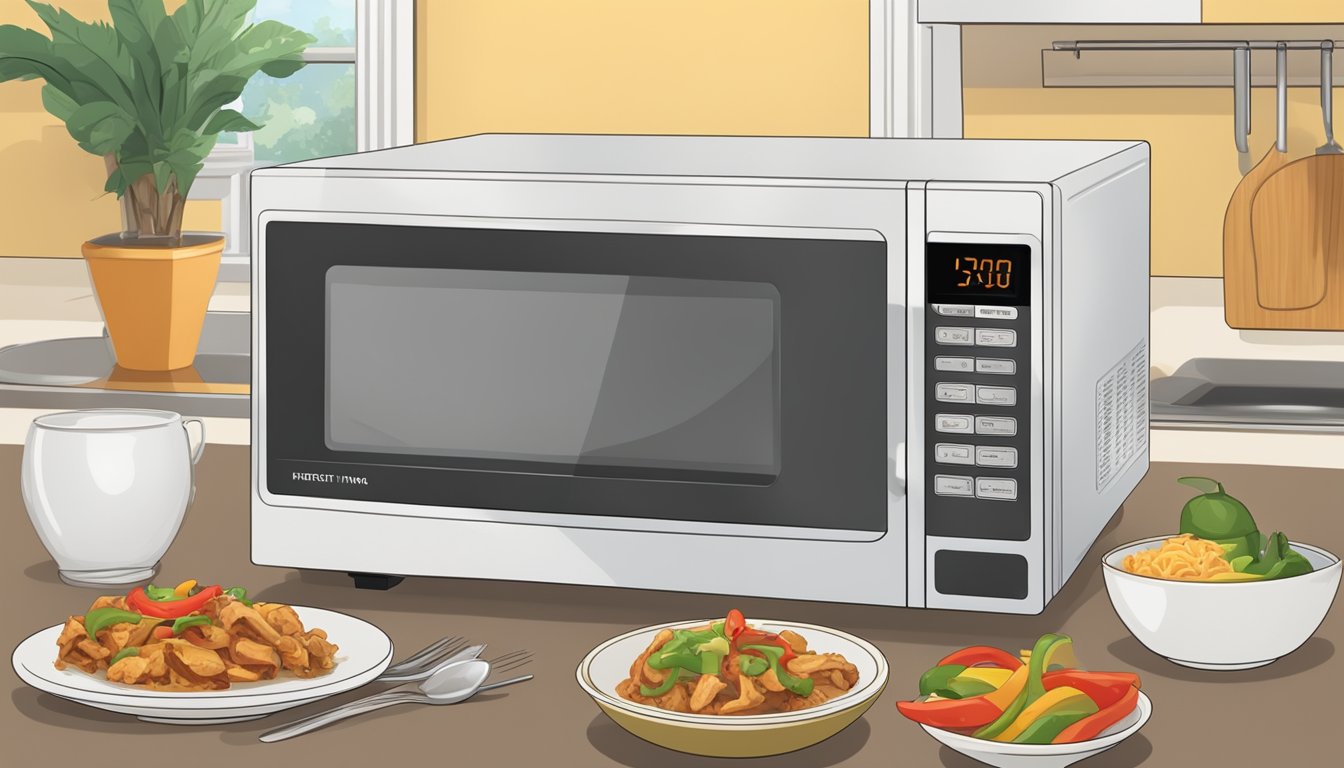 A microwave with a rotating plate, a covered dish of chicken fajita mix, and a timer set for reheating