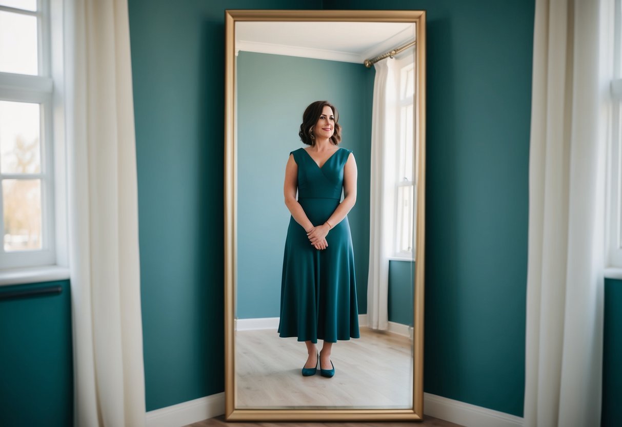 A woman standing in front of a full-length mirror, wearing a floor-length dress and a pair of flats, contemplating her outfit choice