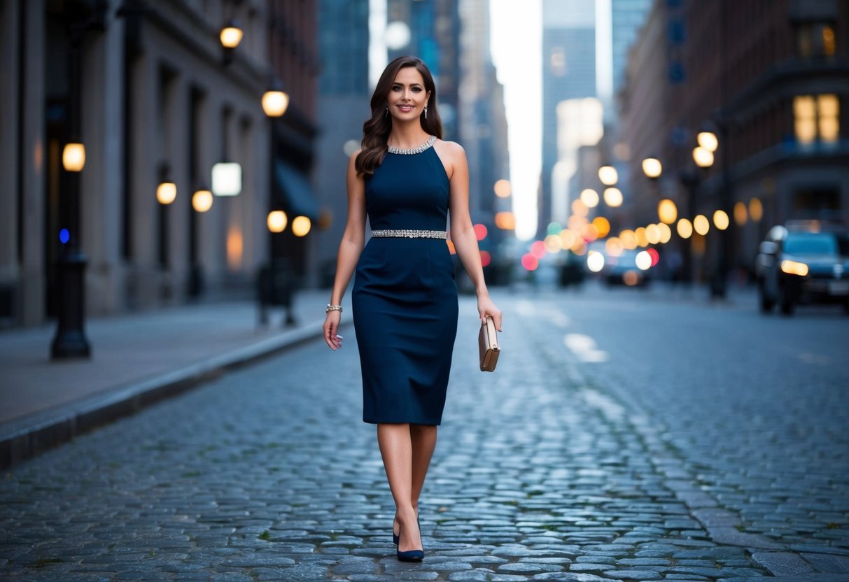 A woman in a formal dress stands on a cobblestone street, wearing elegant flats and carrying a clutch purse. She walks confidently, surrounded by city lights and tall buildings