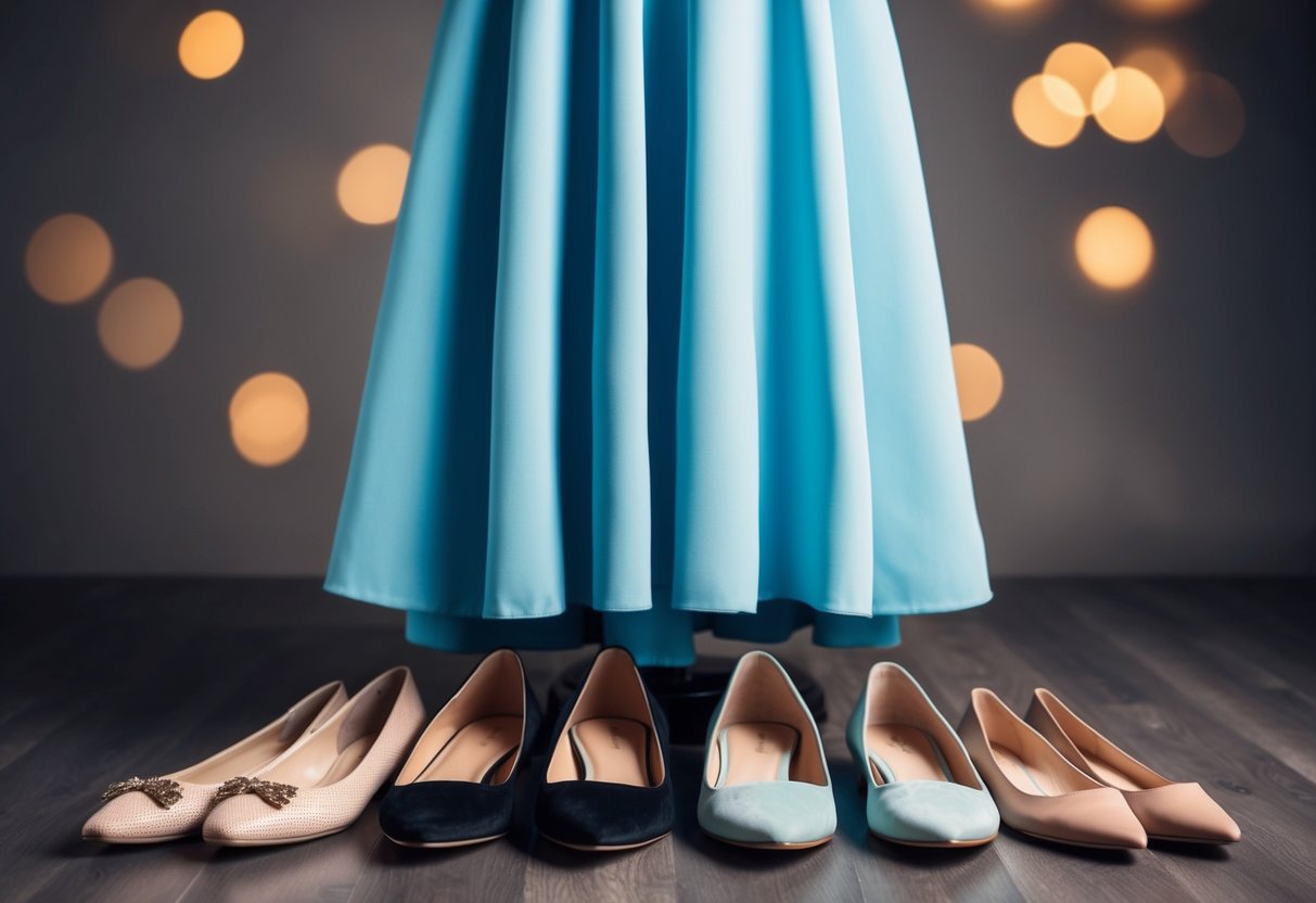A floor-length dress with various styles of flats displayed underneath