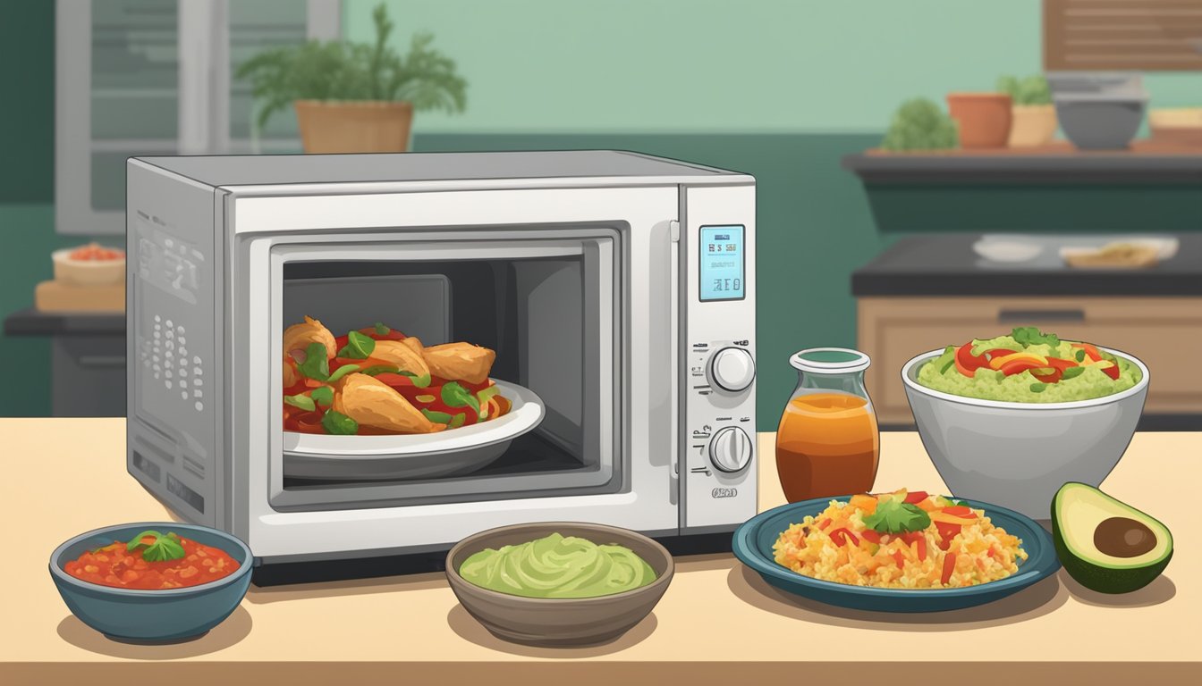 A microwave with a plate of chicken fajita mix inside, a bowl of rice, and a side of guacamole and salsa on the counter