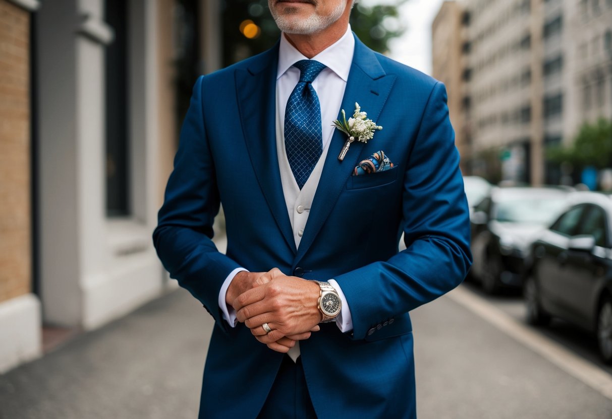 A 50-year-old man wearing a sharp suit, polished dress shoes, and a stylish watch, with a pocket square and tie clip to complete the look for a wedding