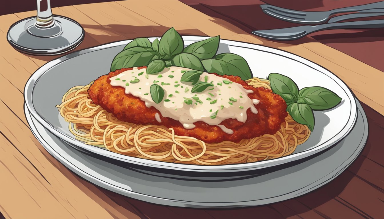 A plate of reheated chicken parmesan sits next to a side of steaming spaghetti, garnished with fresh basil and grated parmesan cheese. A glass of red wine complements the meal