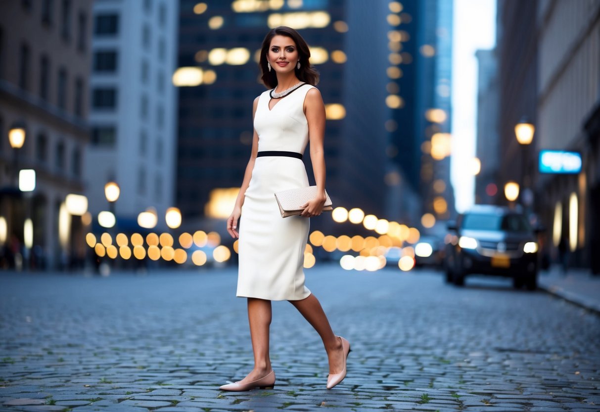 A woman in a formal dress stands on a cobblestone street, wearing elegant flats. She holds a clutch and walks confidently. The background is a cityscape with tall buildings and twinkling lights