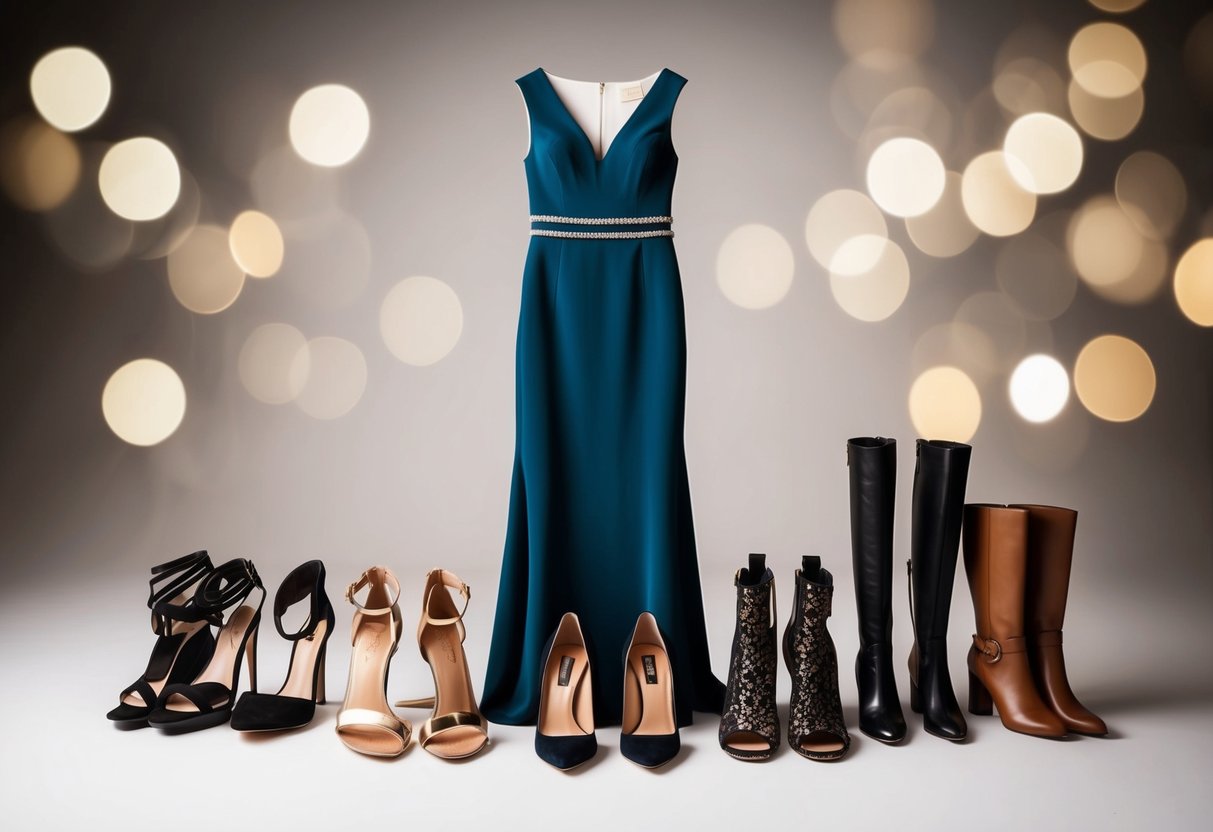 A floor-length dress surrounded by various alternative footwear options, including heels, sandals, and boots