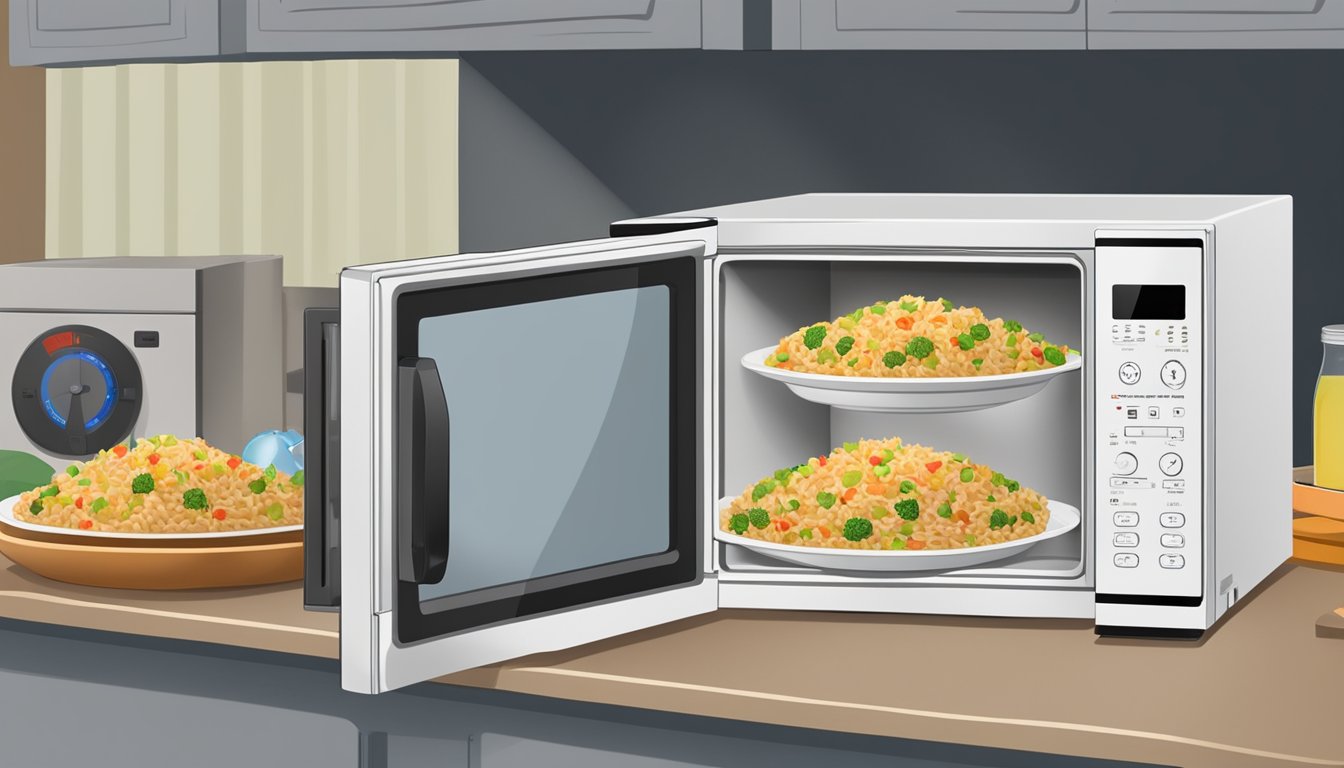 A plate of chicken fried rice sits in the microwave. The microwave door is open, and the digital display shows the timer counting down