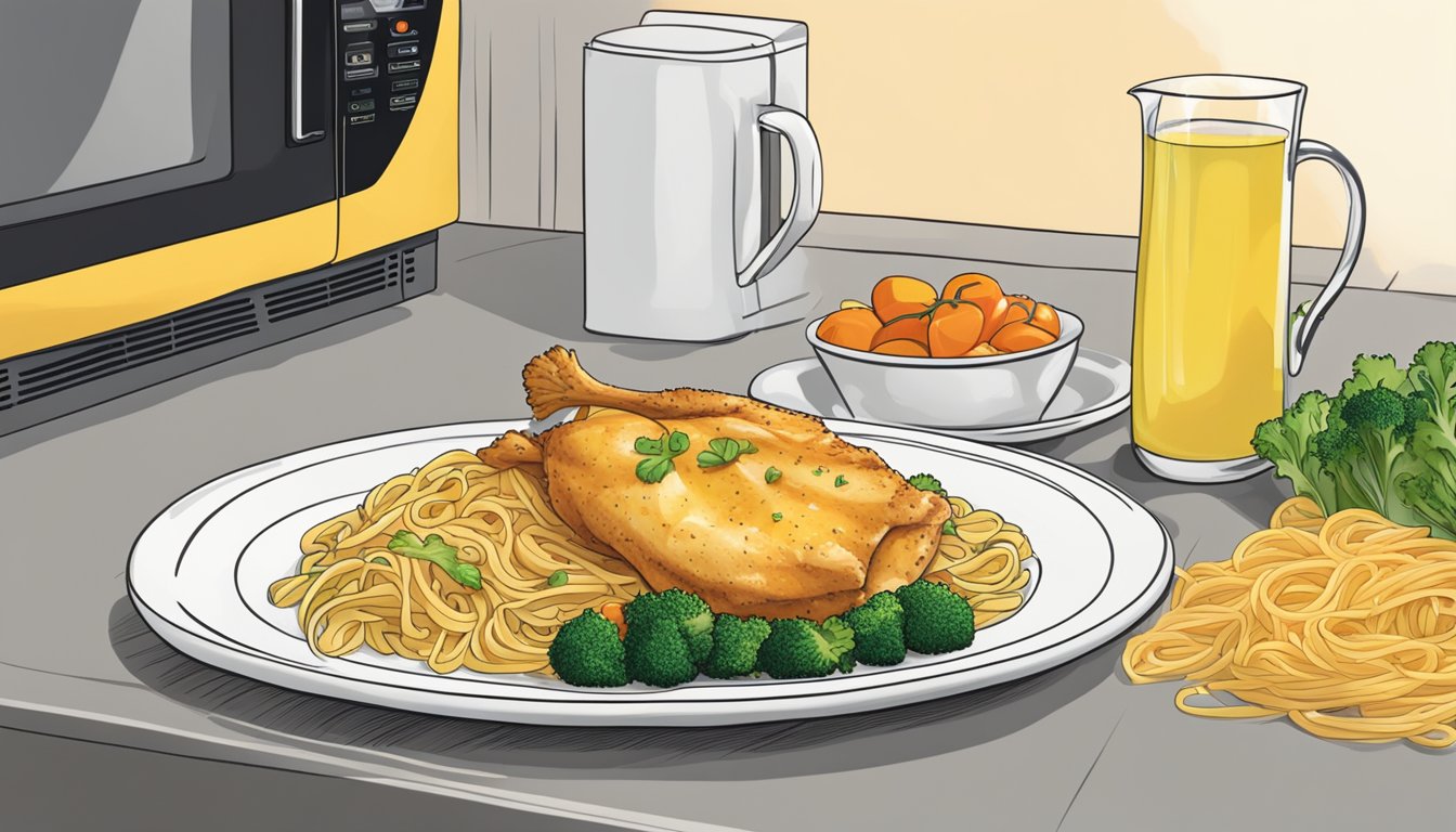 A plate of chicken francese sits on a bed of pasta, with a side of vegetables. A microwave is nearby, ready to reheat the dish