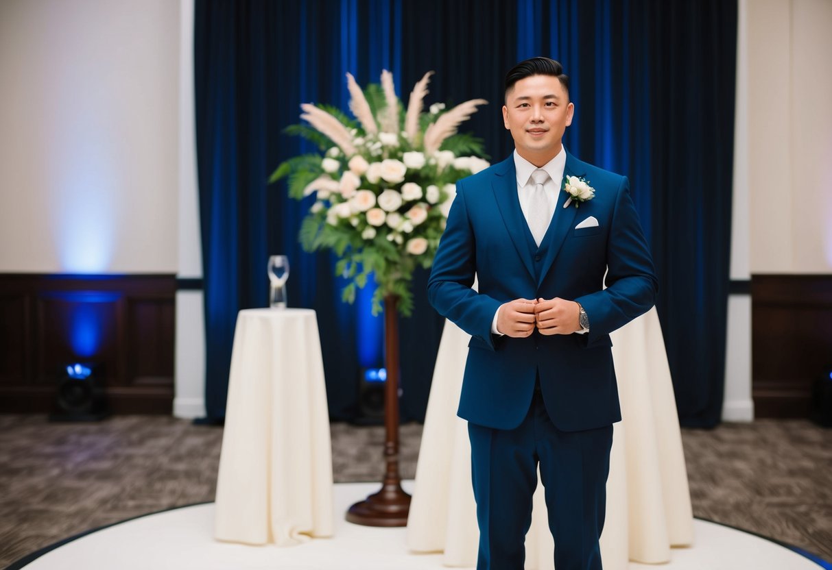 A well-dressed male figure standing in a formal setting with a wedding backdrop, wearing a classic suit and tie, polished shoes, and a boutonniere