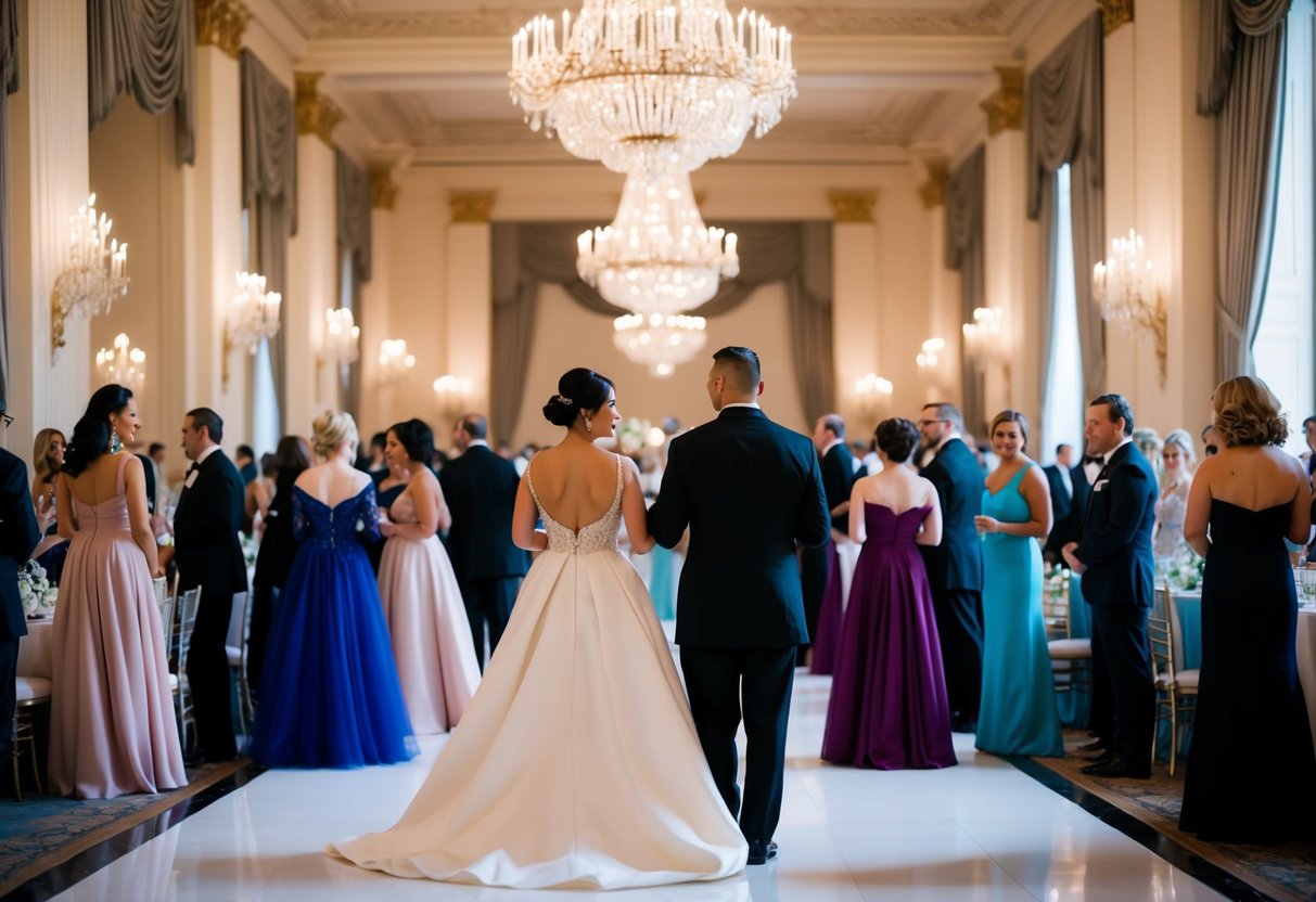 A grand ballroom with elegant decor, chandeliers, and people in formal attire, some wearing floor-length gowns while others opt for shorter, sophisticated styles