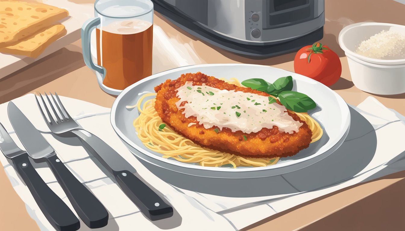 A plate of chicken parmesan sits in a microwave next to a damp paper towel. A fork and knife are nearby