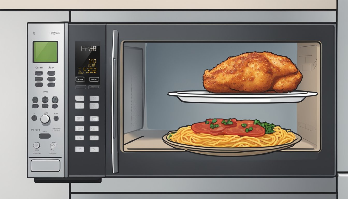 A plate of chicken parmesan sits next to a microwave with the door open, ready to be reheated. A fork and knife are placed neatly next to the plate