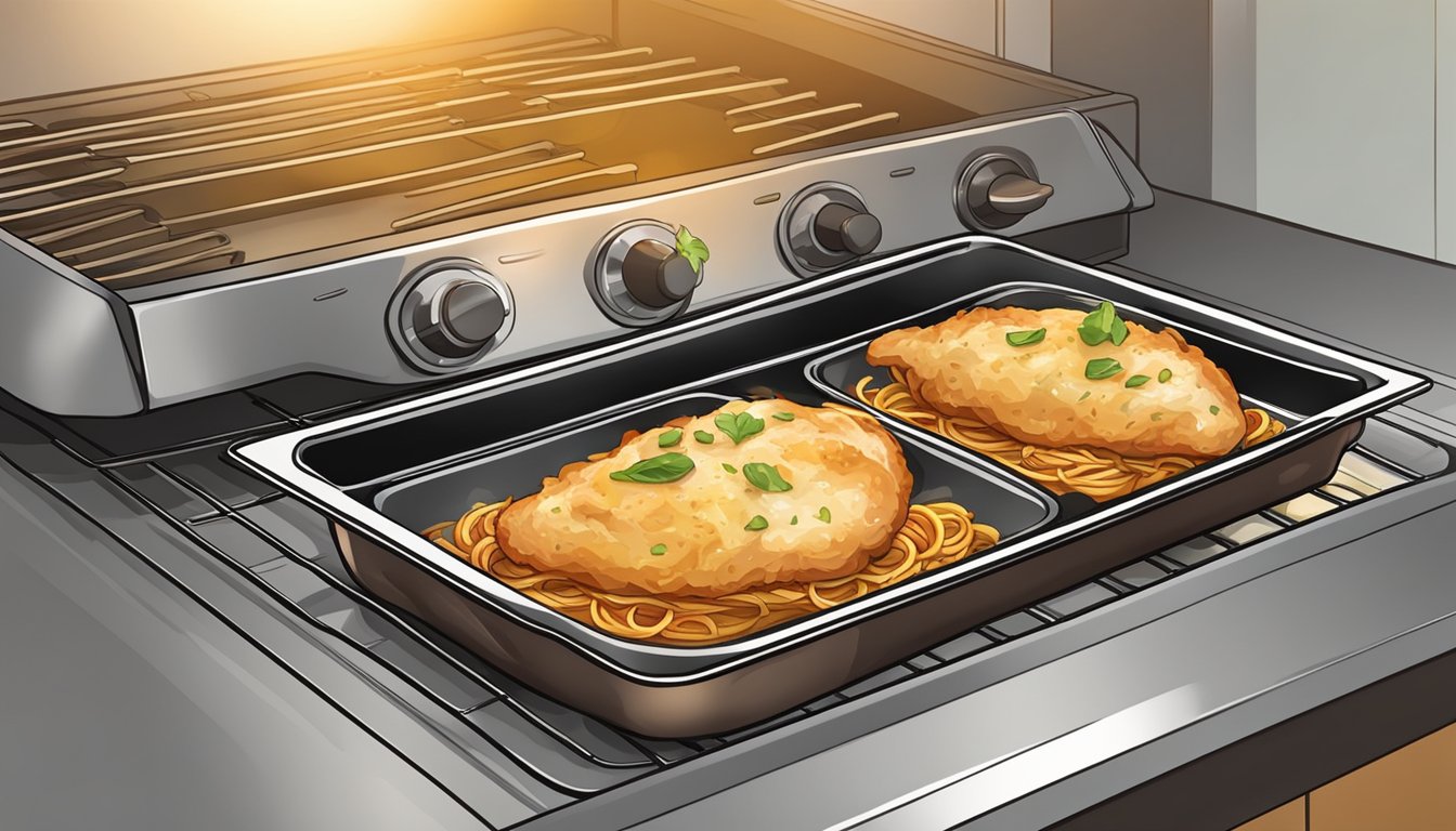 A baking sheet with chicken parmesan sits in a preheated oven. A timer is set, and the golden-brown dish heats up