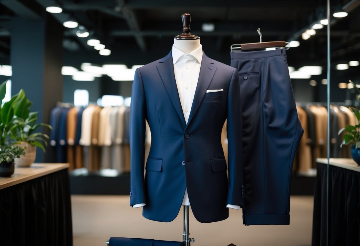 A tailored suit jacket and pants in a modern, mid-length cut, made from luxurious fabric, displayed on a mannequin