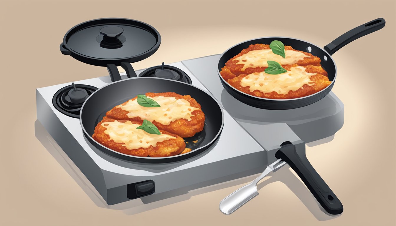 A stovetop with a skillet containing chicken parmesan being heated over a low flame, with a spatula nearby