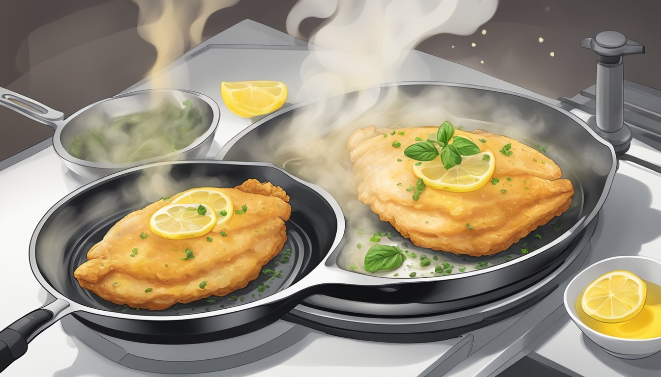 A plate of chicken francese being reheated in a skillet, with steam rising and the aroma of the dish filling the air