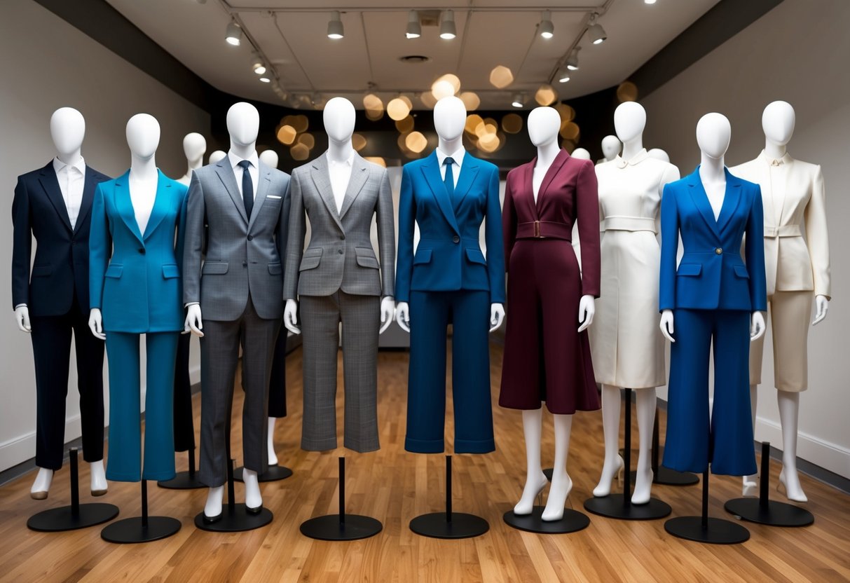 A group of diverse mannequins display non-traditional formalwear options, including tailored suits, jumpsuits, and midi-length dresses