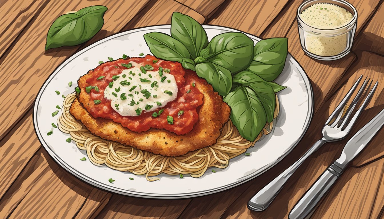 A plate of chicken parmesan sits on a rustic wooden table, surrounded by fresh basil leaves and a sprinkle of grated parmesan cheese. A fork and knife rest on the side of the plate