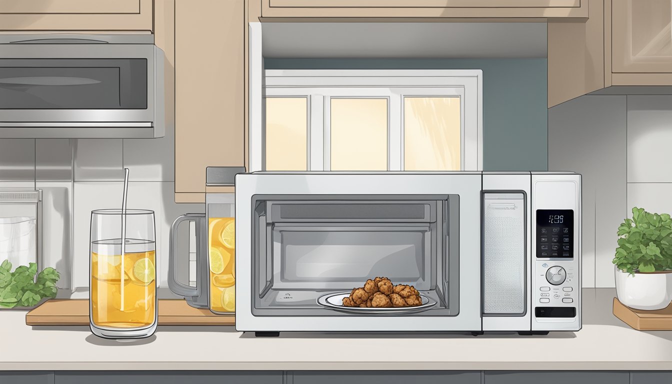 A plate of chicken karaage sits in a microwave next to a glass of water. The microwave door is open, and the timer is set for reheating