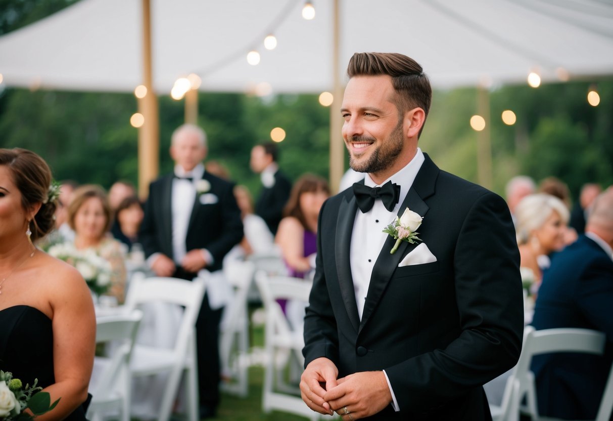A male guest in all black attire at a wedding