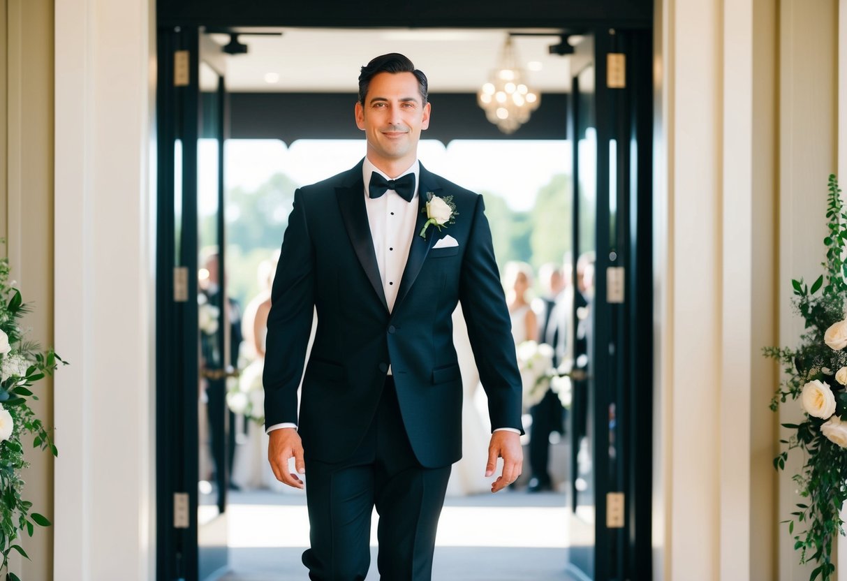 A well-dressed male guest in all black attire stands at the entrance of a wedding venue, confidently awaiting the start of the ceremony