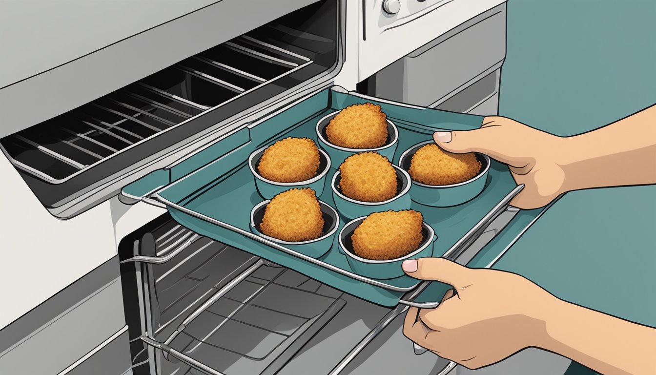 A hand reaching for a tray of chicken kiev bites in the oven