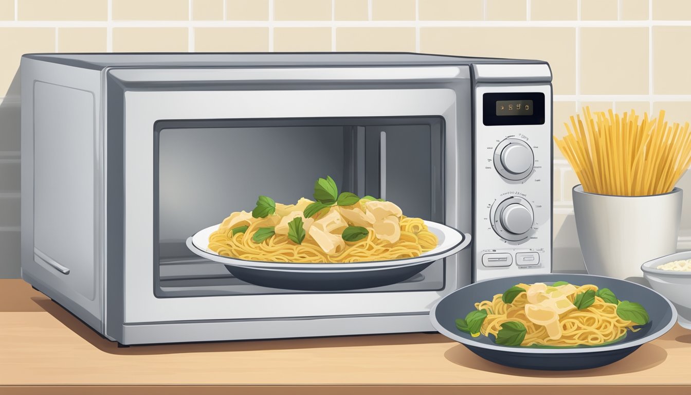 A microwave-safe dish with leftover chicken piccata and pasta next to a microwave oven