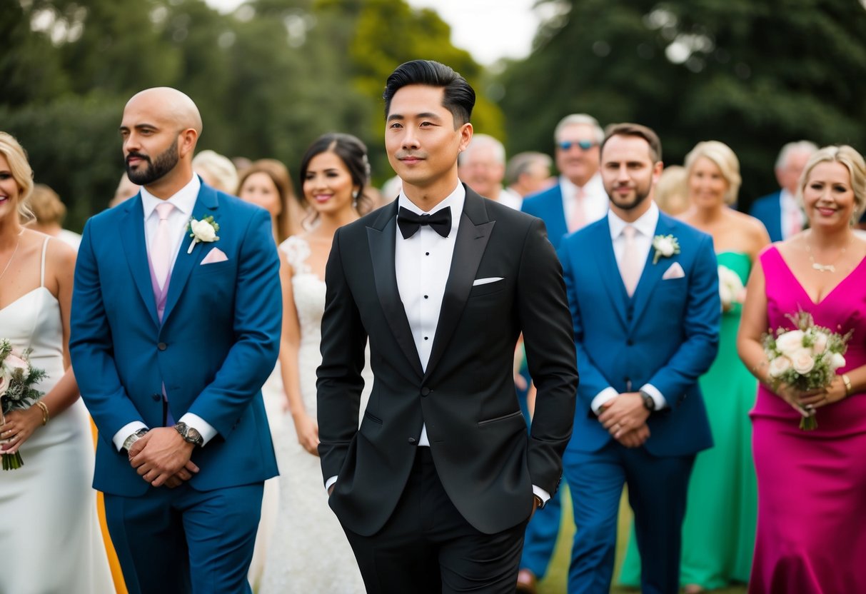 A male guest in a sleek all-black suit, standing among other wedding guests in various colorful attire