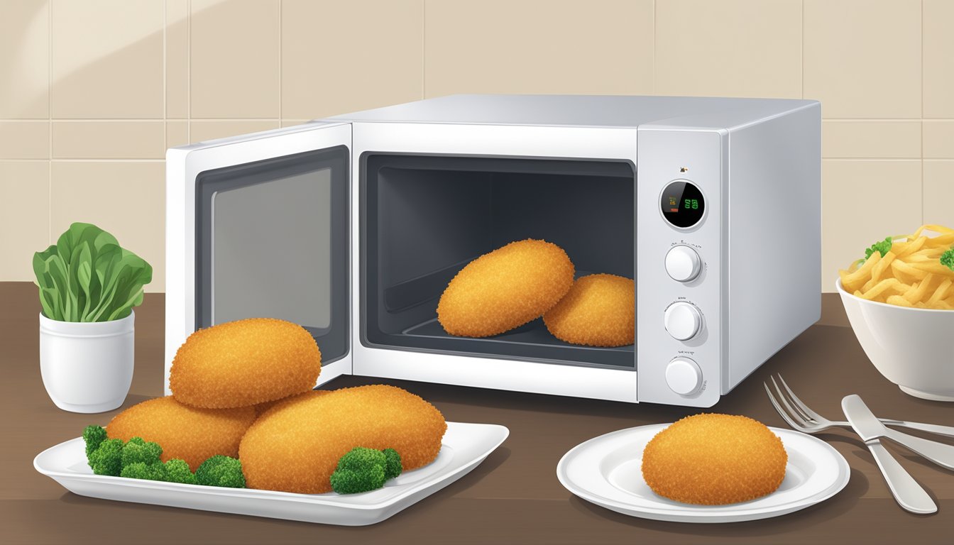 Chicken kiev bites on a microwave-safe plate, covered with a microwave-safe lid, alongside a microwave oven