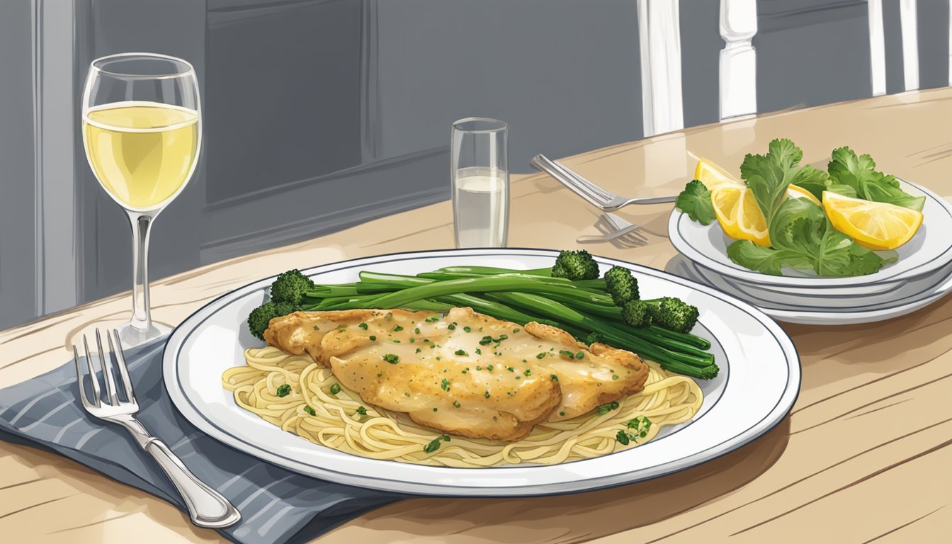 A plate of reheated chicken piccata with pasta, accompanied by a glass of white wine and a side of steamed vegetables